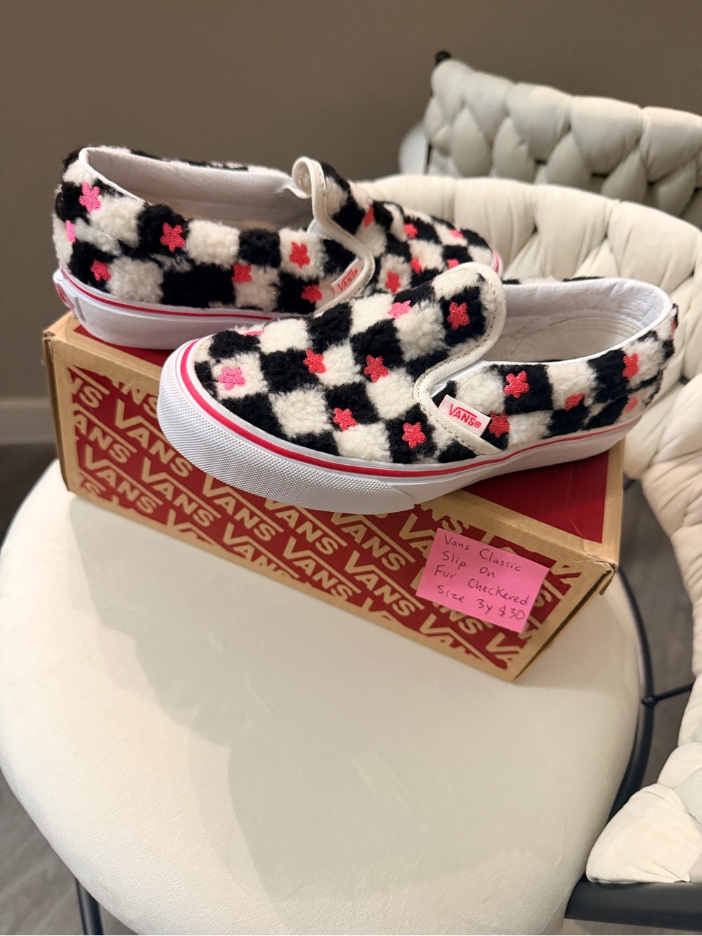 Vans Kids Slip-On Fuzzy Checkerboard in Black, White & Pink